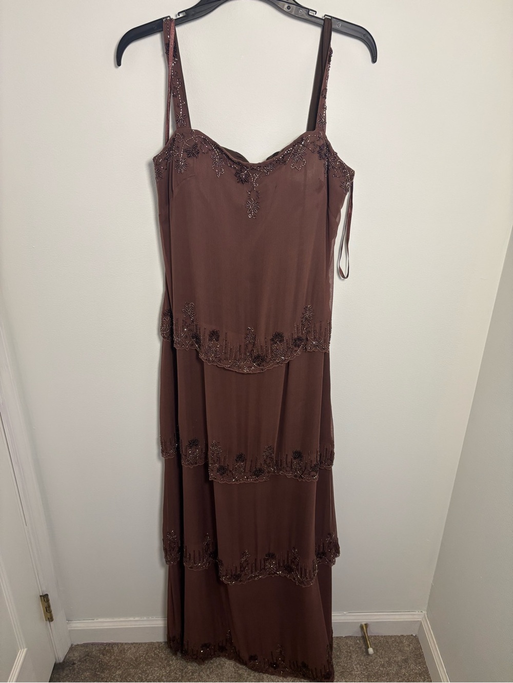 Scala Elegant Brown Tiered Beaded Chiffon Dress